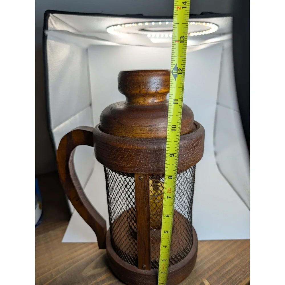 Vintage Rustic Wood Mesh Lantern Amber Glass Votive Candle Holder with Handle